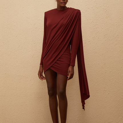 Corinna Mini Dress Red Asymmetrical Elegance Batwing Sleeves Shawl Design Ruched Detailing