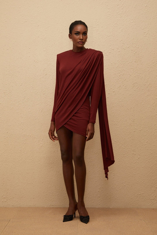 Corinna Mini Dress Red Asymmetrical Elegance Batwing Sleeves Shawl Design Ruched Detailing