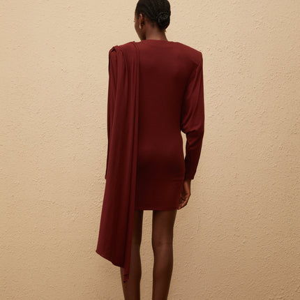 Corinna Mini Dress Red Asymmetrical Elegance Batwing Sleeves Shawl Design Ruched Detailing Side Clasp Zip Fastening