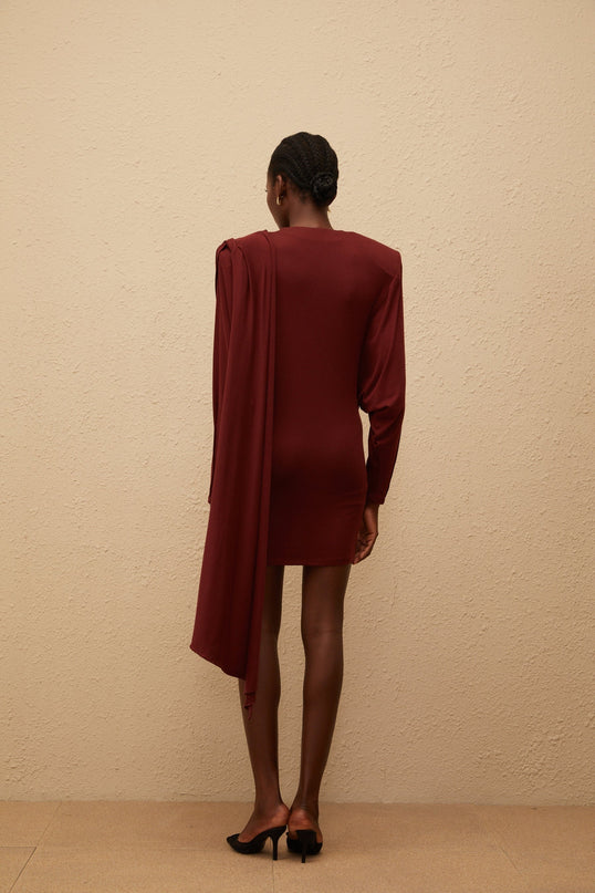 Corinna Mini Dress Red Asymmetrical Elegance Batwing Sleeves Shawl Design Ruched Detailing Side Clasp Zip Fastening