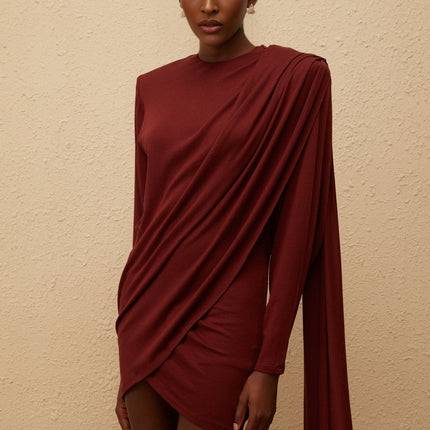 Corinna Mini Dress Red Asymmetrical Elegance Batwing Sleeves Shawl Design Ruched Detailing Side Clasp Zip Fastening
