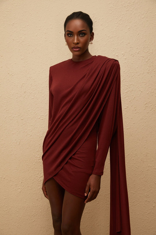Corinna Mini Dress Red Asymmetrical Elegance Batwing Sleeves Shawl Design Ruched Detailing Side Clasp Zip Fastening