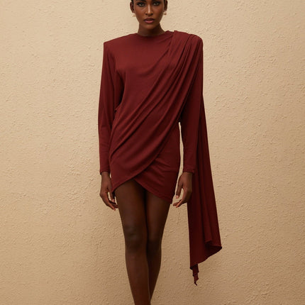 Corinna Mini Dress Red Asymmetrical Elegance Batwing Sleeves Shawl Design Ruched Detailing Side Clasp Zip Fastening