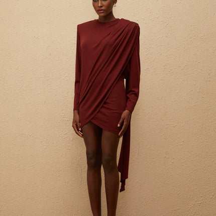 Corinna Mini Dress Red Wool Tencel Spandex Batwing Sleeves Ruched Detailing