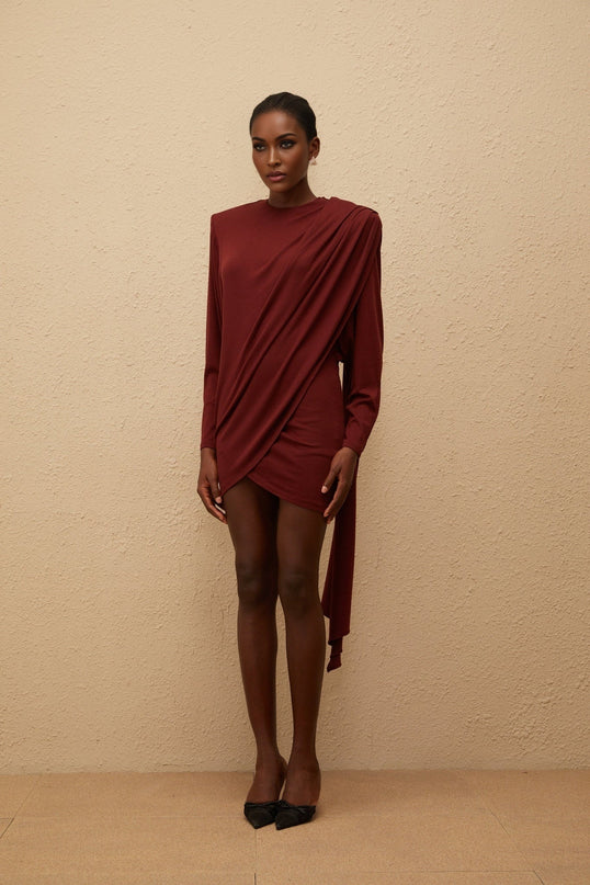 Corinna Mini Dress Red Wool Tencel Spandex Batwing Sleeves Ruched Detailing