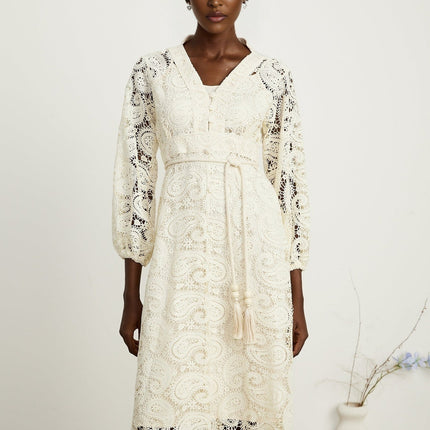 Corinna Neutrals Paisley V-Neck Midi Dress with Elasticated Sleeves and Tied Waist