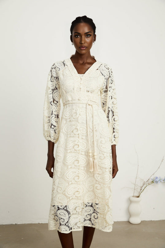 Corinna Neutrals Paisley V-Neck Midi Dress with Elasticated Sleeves and Tied Waist