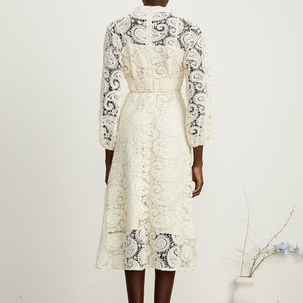 Corinna Neutrals Paisley V-Neck Midi Dress with Elasticated Sleeves and Tied Waist