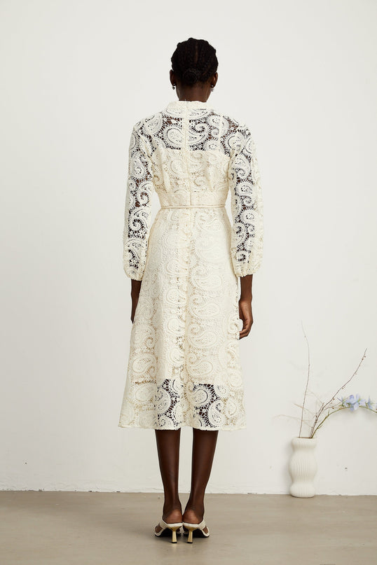 Corinna Neutrals Paisley V-Neck Midi Dress with Elasticated Sleeves and Tied Waist