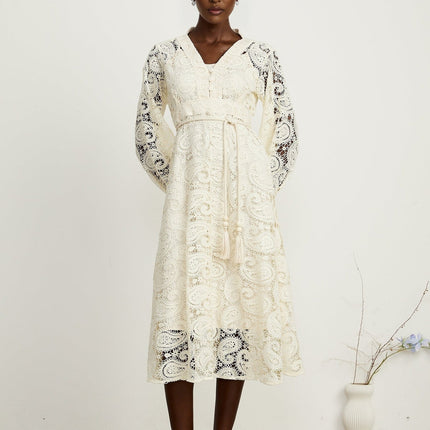 Corinna Neutrals Paisley V-Neck Midi Dress with Long Sleeves and Tied Waist