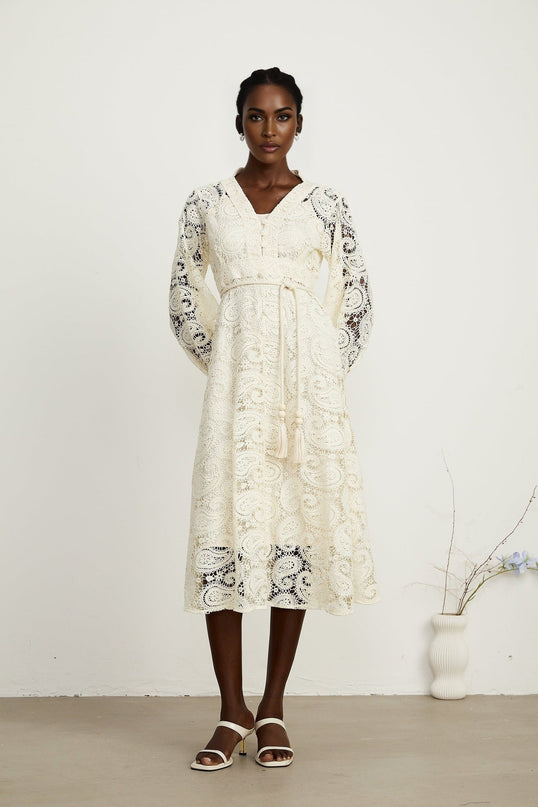 Corinna Neutrals Paisley V-Neck Midi Dress with Long Sleeves and Tied Waist