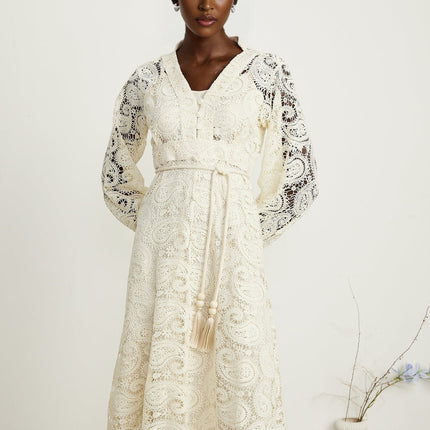 Corinna Neutrals Paisley V-Neck Midi Dress with Elasticated Sleeves and Tied Waist