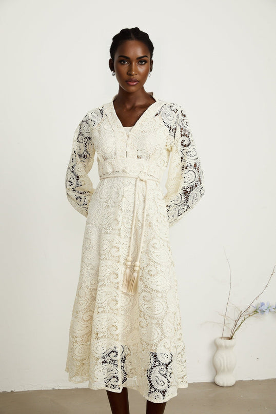 Corinna Neutrals Paisley V-Neck Midi Dress with Elasticated Sleeves and Tied Waist