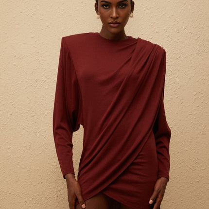 Corinna Red Mini Dress Wool Blend Batwing Sleeves Ruched Detailing
