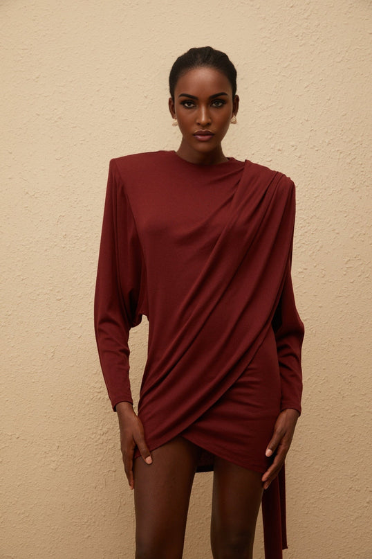 Corinna Red Mini Dress Wool Blend Batwing Sleeves Ruched Detailing