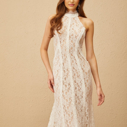 Corinna White Lace Halterneck Maxi Dress with Train Design