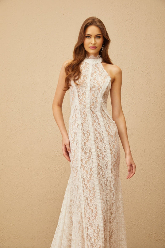 Corinna White Lace Halterneck Maxi Dress with Train Design
