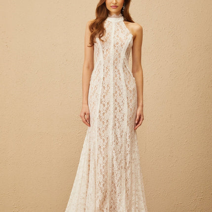 Corinna White Lace Halterneck Maxi Dress with Train Design