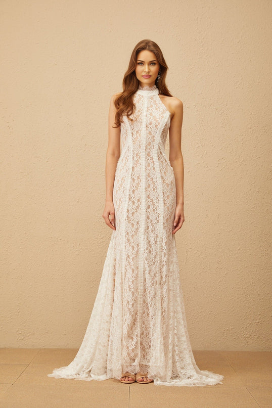 Corinna White Lace Halterneck Maxi Dress with Train Design