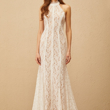Corinna White Lace Halterneck Maxi Dress with Train Design and Open Back