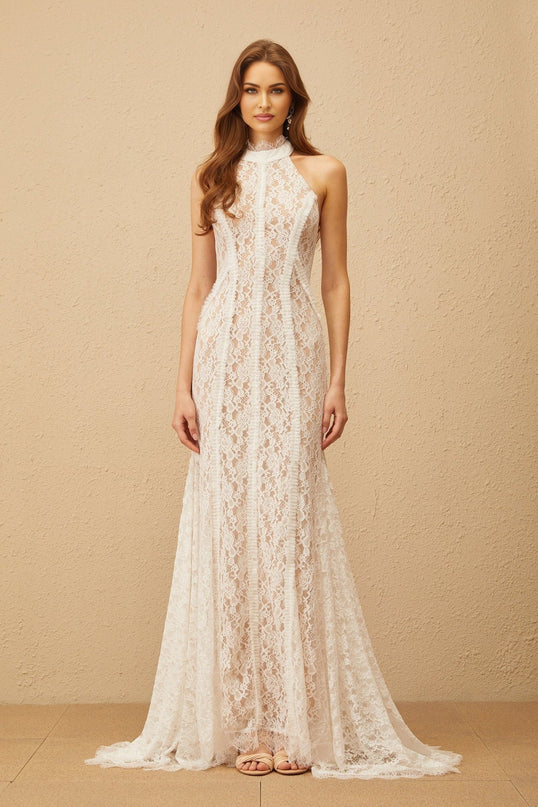Corinna White Lace Halterneck Maxi Dress with Train Design and Open Back