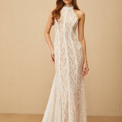 Corinna White Lace Halterneck Maxi Dress with Train Design and Open Back