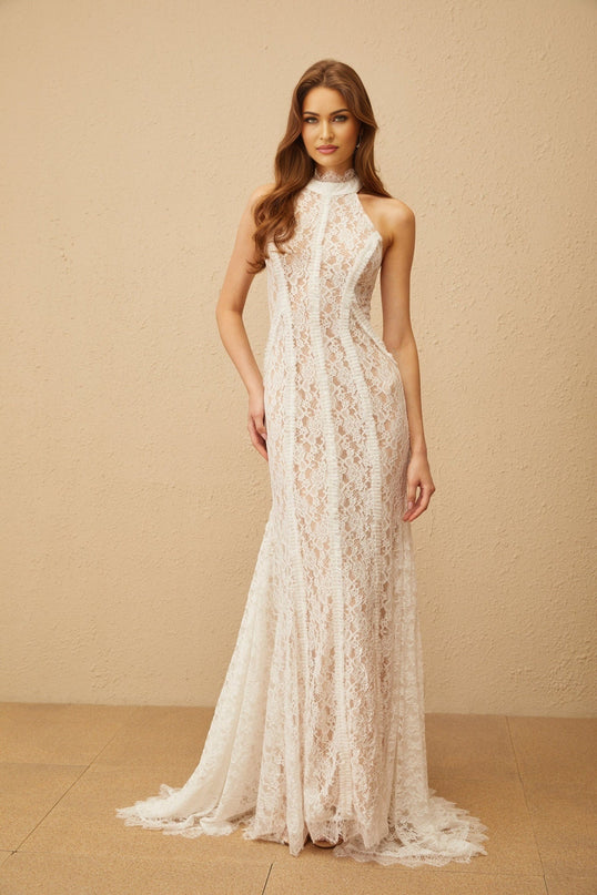 Corinna White Lace Halterneck Maxi Dress with Train Design and Open Back