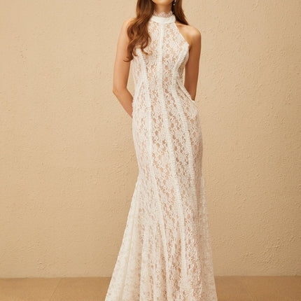 Corinna White Lace Halterneck Maxi Dress with Train Design and Open Back