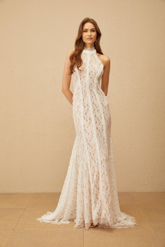 Corinna White Lace Halterneck Maxi Dress with Train Design and Open Back