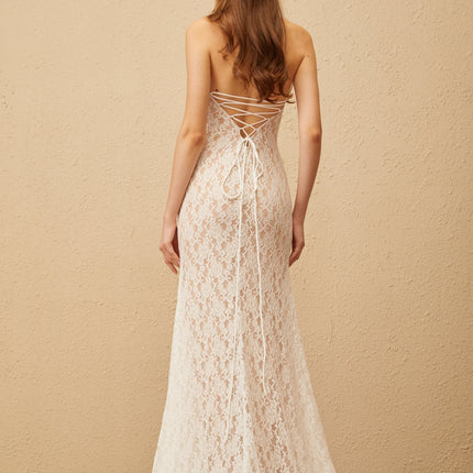 Corinna White Lace Halterneck Maxi Dress with Train Design and Open Back