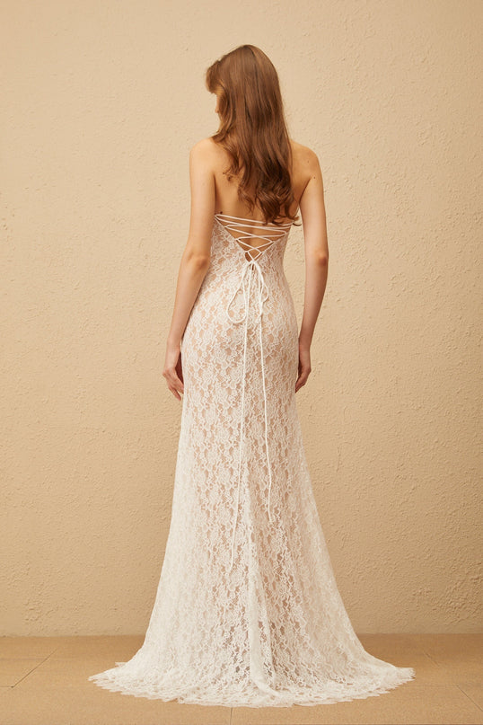 Corinna White Lace Halterneck Maxi Dress with Train Design and Open Back