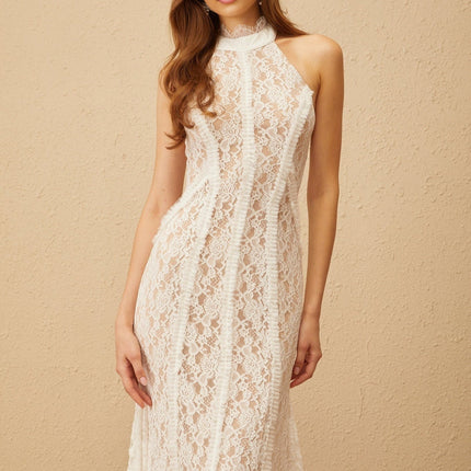 Corinna White Lace Halterneck Maxi Dress with Open Back and Ruffled Trim