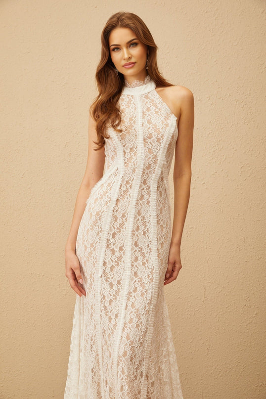 Corinna White Lace Halterneck Maxi Dress with Open Back and Ruffled Trim