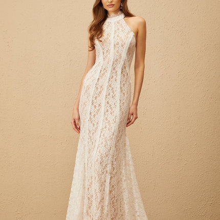 Corinna White Lace Halterneck Maxi Dress with Train Design and Open Back