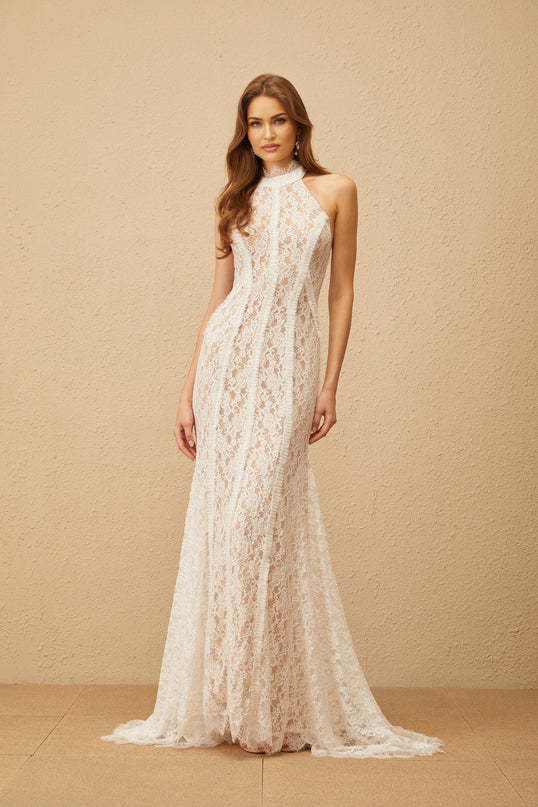 Corinna White Lace Halterneck Maxi Dress with Train Design and Open Back