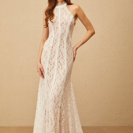 Corinna White Lace Halterneck Maxi Dress with Train Design