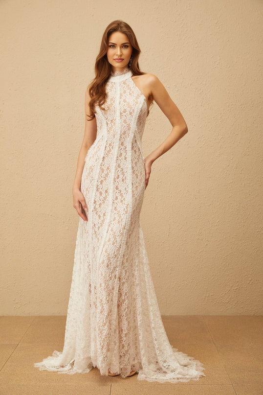 Corinna White Lace Halterneck Maxi Dress with Train Design
