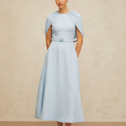 Cosima Blue Crystal Embellished Midi Dress with Shawl Panel Design