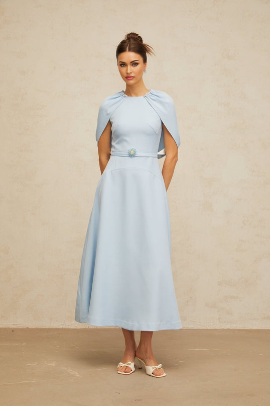 Cosima Blue Crystal Embellished Midi Dress with Shawl Panel Design