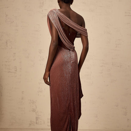 Cosima Brown One Shoulder Maxi Dress with Metallic Effect and Ribbon Detail