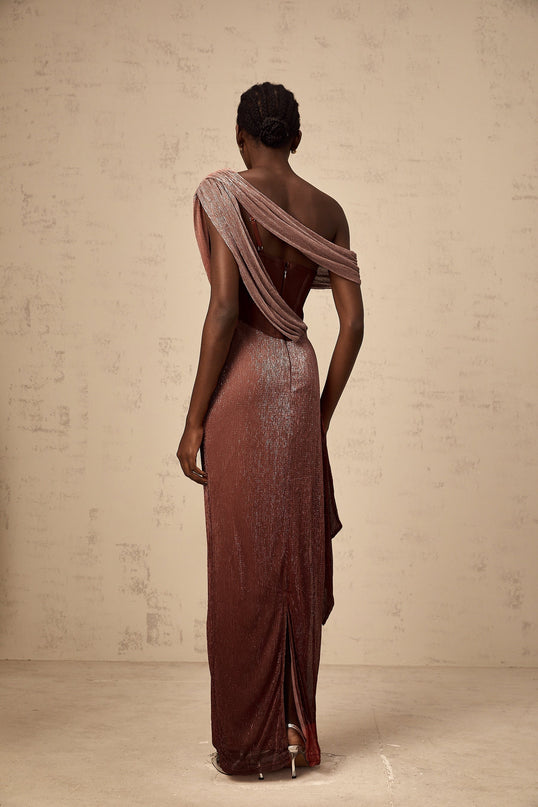 Cosima Brown One Shoulder Maxi Dress with Metallic Effect and Ribbon Detail
