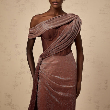 Cosima Brown One-Shoulder Maxi Dress with Metallic Effect and Rear Slit