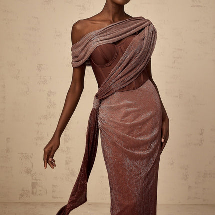 Cosima Brown One Shoulder Maxi Dress with Metallic Effect and Ribbon Detail