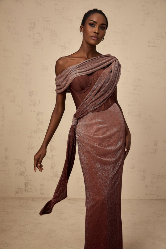 Cosima Brown One Shoulder Maxi Dress with Metallic Effect and Ribbon Detail