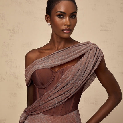 Cosima Brown Maxi Dress One-Shoulder Bustier Sleeveless Asymmetric Metallic Effect Rear Slit Ribbon Detail Zip Fastening 100% Terylene Fiber
