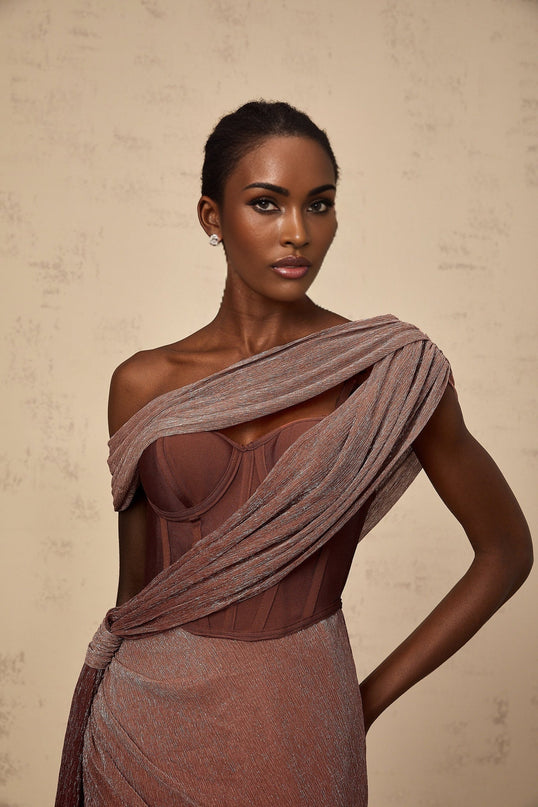 Cosima Brown Maxi Dress One-Shoulder Bustier Sleeveless Asymmetric Metallic Effect Rear Slit Ribbon Detail Zip Fastening 100% Terylene Fiber