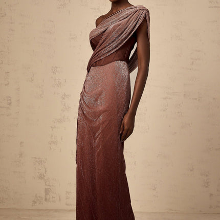 Cosima Brown Maxi Dress One Shoulder Bustier Sleeveless Asymmetric Metallic Effect Rear Slit Ribbon Detail Zip Fastening Terylene Fiber