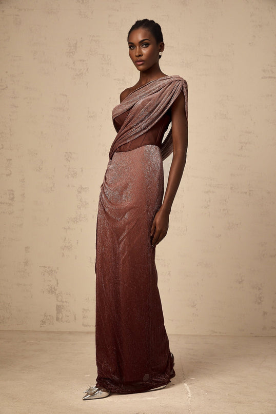 Cosima Brown Maxi Dress One Shoulder Bustier Sleeveless Asymmetric Metallic Effect Rear Slit Ribbon Detail Zip Fastening Terylene Fiber