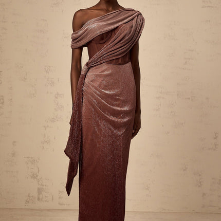 Cosima Brown Maxi Dress One Shoulder Bustier Sleeveless Asymmetric Metallic Effect Rear Slit Ribbon Detail Zip Fastening Terylene Fiber