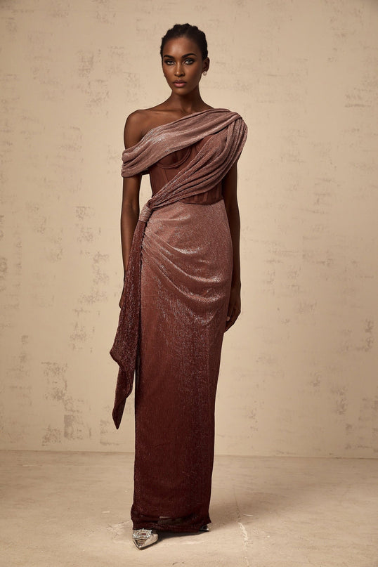 Cosima Brown Maxi Dress One Shoulder Bustier Sleeveless Asymmetric Metallic Effect Rear Slit Ribbon Detail Zip Fastening Terylene Fiber